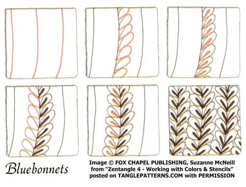 How to draw the Zentangle pattern Bluebonnets, tangle and deconstruction by Suzanne McNeill. Image copyright Suzanne McNeill and Fox Chapel Publishing and used with permission, ALL RIGHTS RESERVED. How to draw the Zentangle pattern Bluebonnets, tangle and deconstruction by Suzanne McNeill. Image copyright Suzanne McNeill and Fox Chapel Publishing and used with permission, ALL RIGHTS RESERVED.
