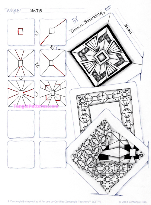 How to draw the Zentangle pattern BnTB, tangle and deconstruction by Donna Scharding. Image copyright the artist and used with permission, ALL RIGHTS RESERVED. How to draw the Zentangle pattern BnTB, tangle and deconstruction by Donna Scharding. Image copyright the artist and used with permission, ALL RIGHTS RESERVED.