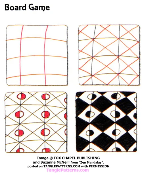 How to draw the Zentangle pattern Board Game, tangle and deconstruction by Suzanne McNeill. Image copyright the artist and used with permission, ALL RIGHTS RESERVED.