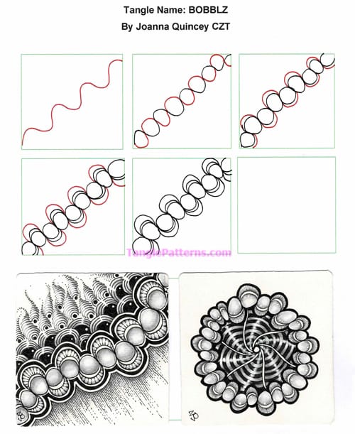 How to draw the Zentangle pattern Bobblz, tangle and deconstruction by Joanna Quincey. Image copyright the artist and used with permission, ALL RIGHTS RESERVED. How to draw the Zentangle pattern Bobblz, tangle and deconstruction by Joanna Quincey. Image copyright the artist and used with permission, ALL RIGHTS RESERVED.