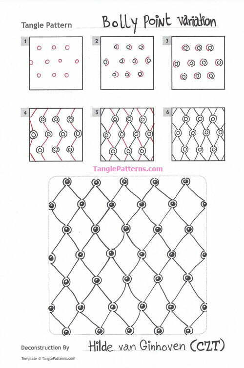 How to draw the Zentangle pattern Bolly Point, tangle and deconstruction by Hilde van Ginhoven. Image copyright the artist and used with permission, ALL RIGHTS RESERVED.