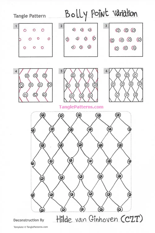 How to draw the Zentangle pattern Bolly Point, tangle and deconstruction by Hilde van Ginhoven. Image copyright the artist and used with permission, ALL RIGHTS RESERVED. How to draw the Zentangle pattern Bolly Point, tangle and deconstruction by Hilde van Ginhoven. Image copyright the artist and used with permission, ALL RIGHTS RESERVED.