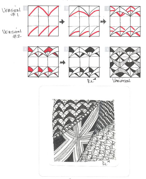 Steps for drawing the Zentangle pattern BOOMERANG