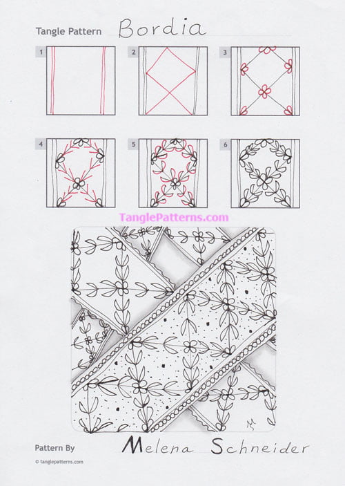 How to draw the Zentangle pattern Bordia, tangle and deconstruction by Melena Schneider. Image copyright the artist and used with permission, ALL RIGHTS RESERVED.
