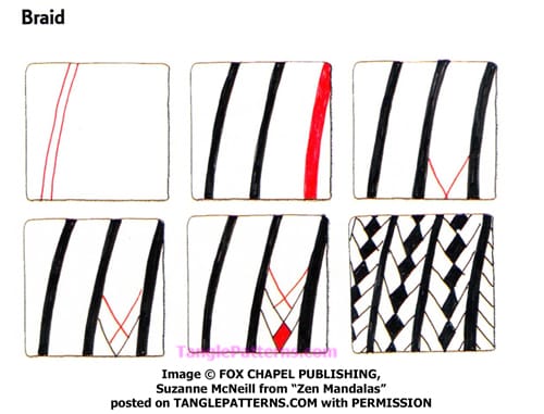 How to draw the Zentangle pattern Braid, tangle and deconstruction by Suzanne McNeill. Image copyright the artist and used with permission, ALL RIGHTS RESERVED.
