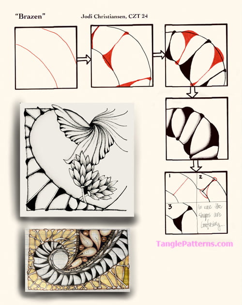 How to draw the Zentangle pattern Brazen, tangle and deconstruction by Jodi Christiansen. Image copyright the artist and used with permission, ALL RIGHTS RESERVED.