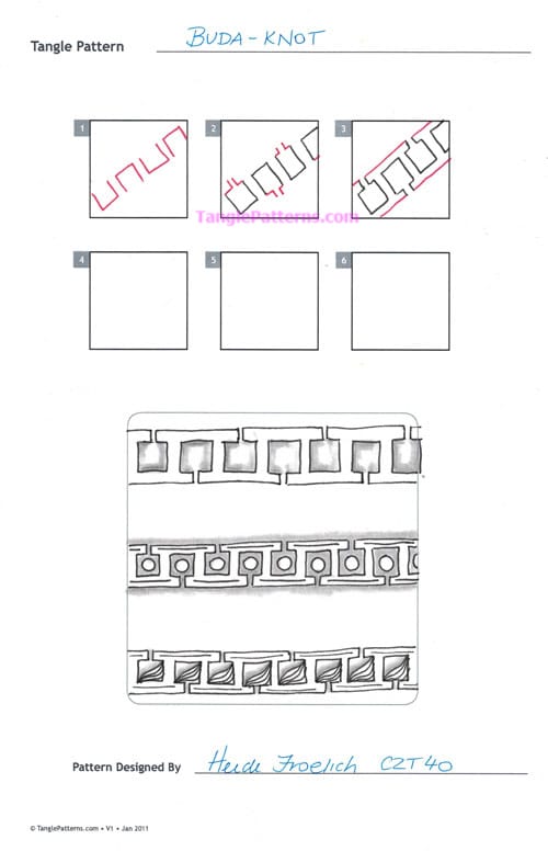 How to draw the Zentangle pattern Buda-Knot, tangle and deconstruction by Heidi Froelich. Image copyright the artist and used with permission, ALL RIGHTS RESERVED.
