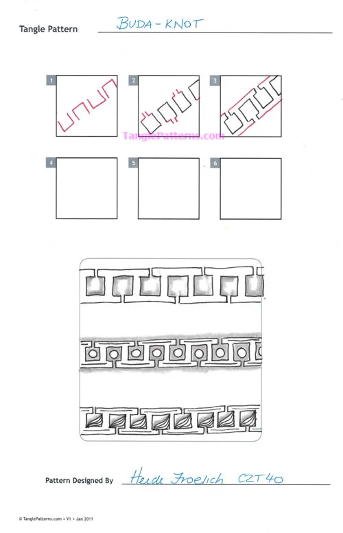 How to draw the Zentangle pattern Buda-Knot, tangle and deconstruction by Heidi Froelich. Image copyright the artist and used with permission, ALL RIGHTS RESERVED. How to draw the Zentangle pattern Buda-Knot, tangle and deconstruction by Heidi Froelich. Image copyright the artist and used with permission, ALL RIGHTS RESERVED.