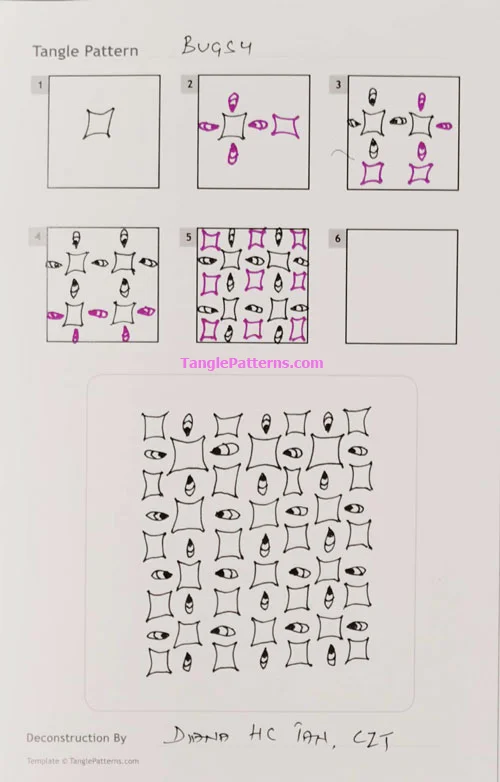 How to draw the Zentangle pattern Bugsy, tangle and deconstruction by Diana Tan. Image copyright the artist and used with permission, ALL RIGHTS RESERVED. How to draw the Zentangle pattern Bugsy, tangle and deconstruction by Diana Tan. Image copyright the artist and used with permission, ALL RIGHTS RESERVED.