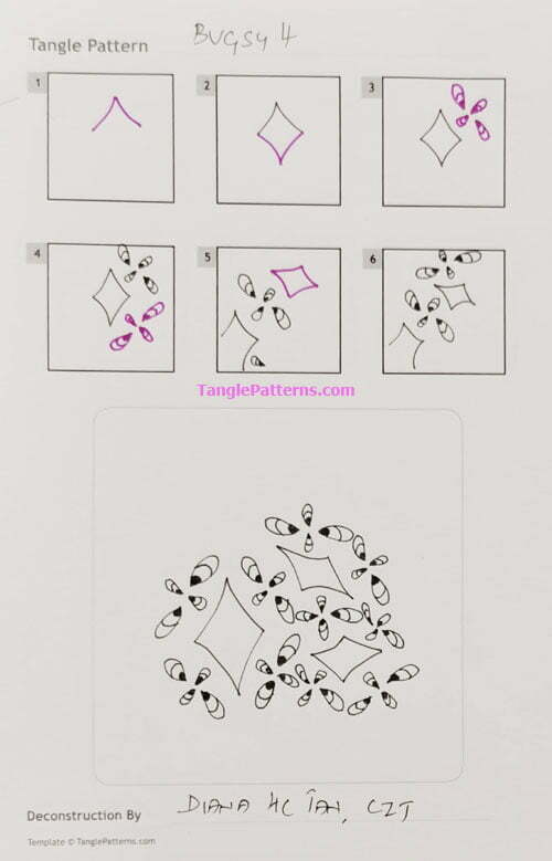 How to draw the Zentangle pattern Bugsy, tangle and deconstruction by Diana Tan. Image copyright the artist and used with permission, ALL RIGHTS RESERVED.