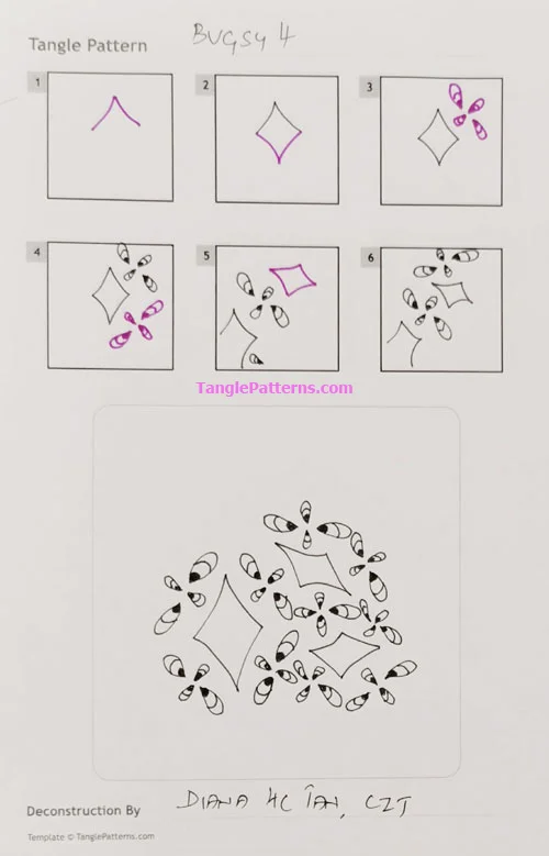 How to draw the Zentangle pattern Bugsy, tangle and deconstruction by Diana Tan. Image copyright the artist and used with permission, ALL RIGHTS RESERVED. How to draw the Zentangle pattern Bugsy, tangle and deconstruction by Diana Tan. Image copyright the artist and used with permission, ALL RIGHTS RESERVED.