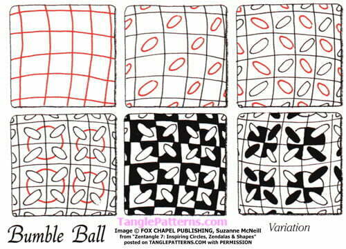 How to draw the Zentangle pattern Bumble Ball, tangle and deconstruction by Suzanne McNeill. Image copyright the artist and used with permission, ALL RIGHTS RESERVED.