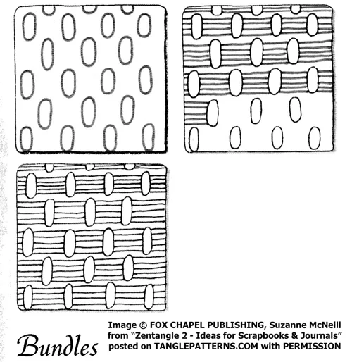 How to draw the Zentangle pattern Bundles tangle and deconstruction by Suzanne McNeill. Image copyright Suzanne McNeill and Fox Chapel Publishing and used with permission, ALL RIGHTS RESERVED. How to draw the Zentangle pattern Bundles tangle and deconstruction by Suzanne McNeill. Image copyright Suzanne McNeill and Fox Chapel Publishing and used with permission, ALL RIGHTS RESERVED.