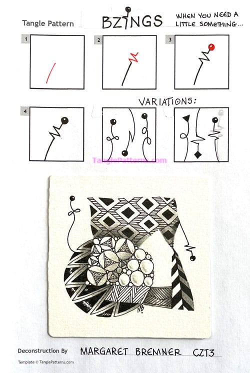 How to draw the Zentangle pattern Bzings, tangle and deconstruction by Margaret Bremner. Image copyright the artist and used with permission, ALL RIGHTS RESERVED.