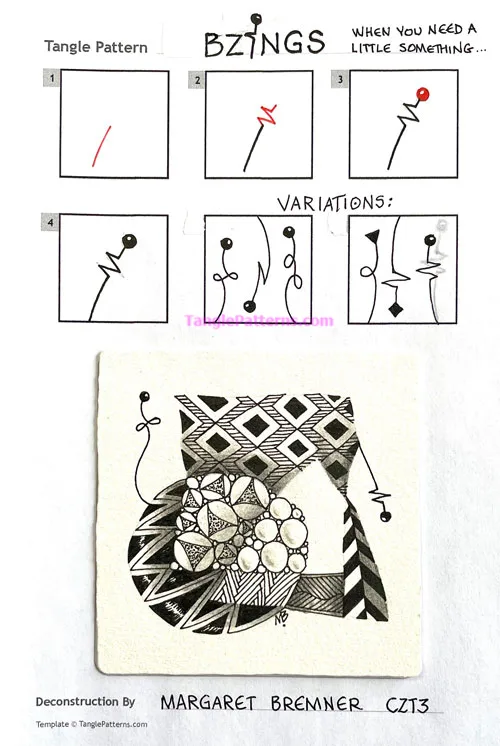 How to draw the Zentangle pattern Bzings, tangle and deconstruction by Margaret Bremner. Image copyright the artist and used with permission, ALL RIGHTS RESERVED.