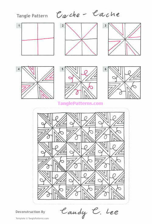 How to draw the Zentangle pattern Cache-Cache, tangle and deconstruction by Candy Lee. Image copyright the artist and used with permission, ALL RIGHTS RESERVED.