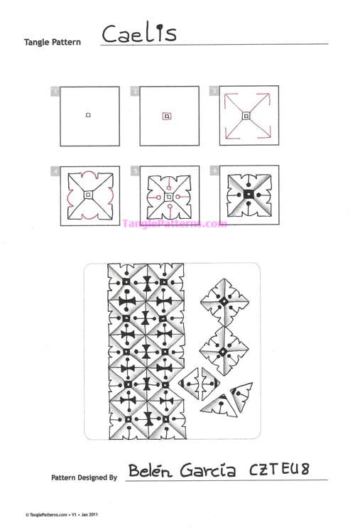 How to draw the Zentangle pattern Caelis, tangle and deconstruction by Belén García. Image copyright the artist and used with permission, ALL RIGHTS RESERVED.
