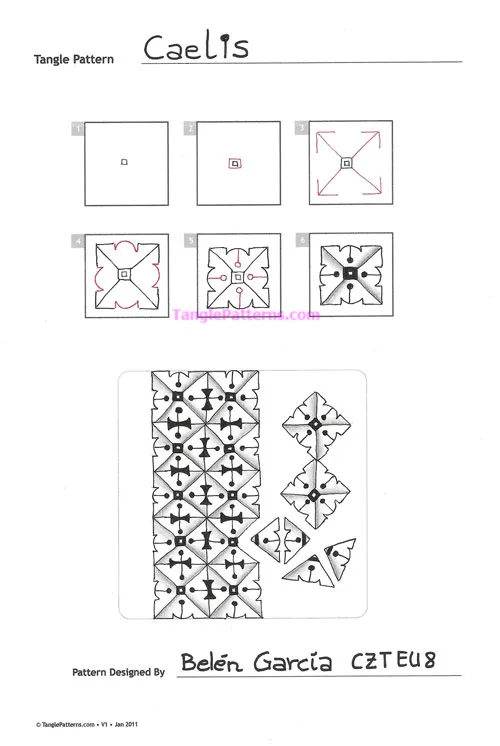How to draw the Zentangle pattern Caelis, tangle and deconstruction by Belén García. Image copyright the artist and used with permission, ALL RIGHTS RESERVED.