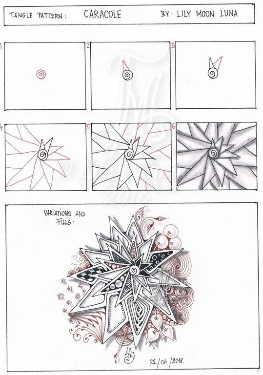 Image copyright the artist and used with permission, ALL RIGHTS RESERVED. Please feel free to refer to the steps images to recreate this tangle in your personal Zentangles and ZIAs, or to link back to this page. However the artist and TanglePatterns.com reserve all rights to these images and they must not be publicly pinned, altered, reproduced or republished. They are for your personal offline reference only. Thank you for respecting these rights. Click the image for an article explaining what copyright means in plain English. 