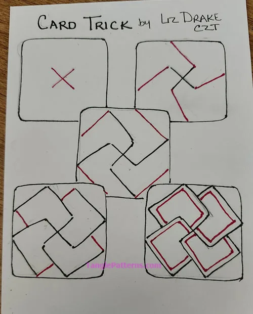 How to draw the Zentangle pattern Card Trick, tangle and deconstruction by Liz Drake. Image copyright the artist and used with permission, ALL RIGHTS RESERVED. How to draw the Zentangle pattern Card Trick, tangle and deconstruction by Liz Drake. Image copyright the artist and used with permission, ALL RIGHTS RESERVED.