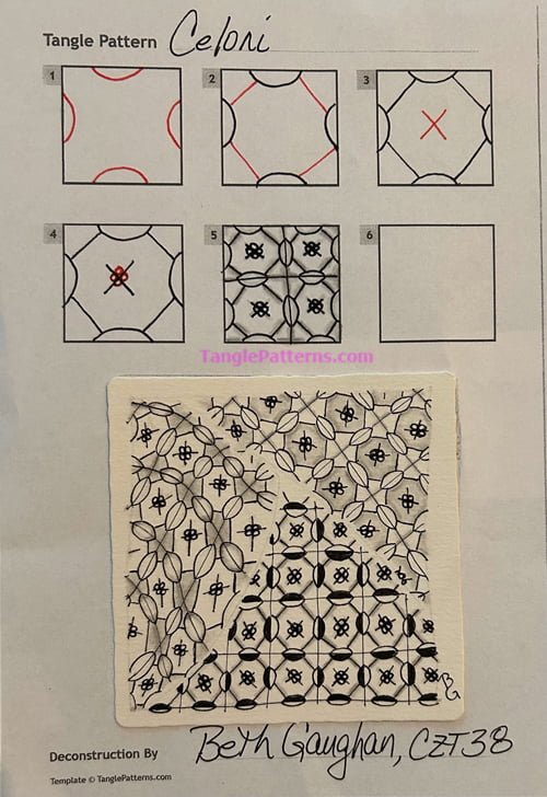 How to draw the Zentangle pattern Celoni, tangle and deconstruction by Beth Gaughan. Image copyright the artist and used with permission, ALL RIGHTS RESERVED.