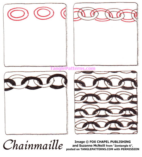 How to draw the Zentangle pattern Chainmaille, tangle and deconstruction by Suzanne McNeill. Image copyright the artist and used with permission, ALL RIGHTS RESERVED.