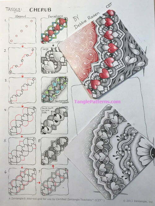 How to draw the Zentangle pattern Cherub, tangle and deconstruction by Debbie Raaen. Image copyright the artist and used with permission, ALL RIGHTS RESERVED.