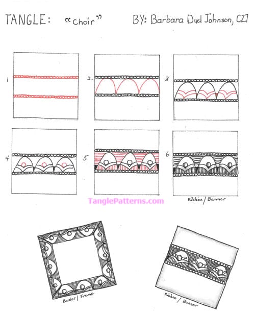 How to draw the Zentangle pattern Choir, tangle and deconstruction by Barbara Duel Johnson. Image copyright the artist and used with permission, ALL RIGHTS RESERVED.