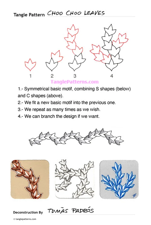 How to draw the Zentangle pattern Choo Choo Leaves, tangle and deconstruction by Tomàs Padrós. Image copyright the artist and used with permission, ALL RIGHTS RESERVED. How to draw the Zentangle pattern Choo Choo Leaves, tangle and deconstruction by Tomàs Padrós. Image copyright the artist and used with permission, ALL RIGHTS RESERVED.
