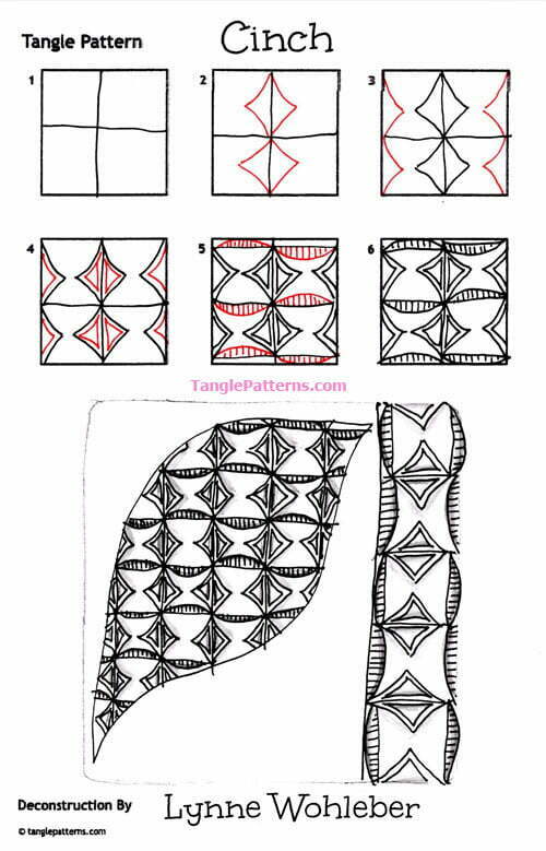 How to draw the Zentangle pattern Cinch, tangle and deconstruction by Lynne Woheleber. Image copyright the artist and used with permission, ALL RIGHTS RESERVED.