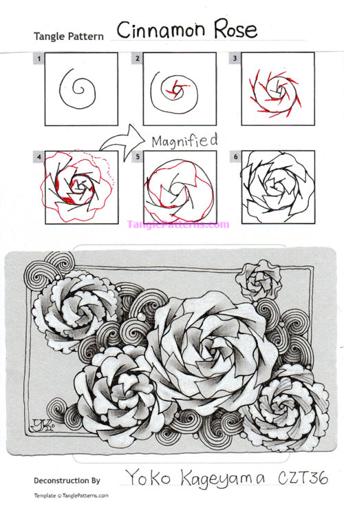 How to draw the Zentangle pattern Cinnamon Rose, tangle and deconstruction by Yoko Kageyama. Image copyright the artist and used with permission, ALL RIGHTS RESERVED.