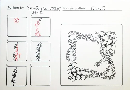 How to draw the Zentangle pattern Coco, tangle and deconstruction by Hsin-Ya Hsu. Image copyright the artist and used with permission, ALL RIGHTS RESERVED. How to draw the Zentangle pattern Coco, tangle and deconstruction by Hsin-Ya Hsu. Image copyright the artist and used with permission, ALL RIGHTS RESERVED.