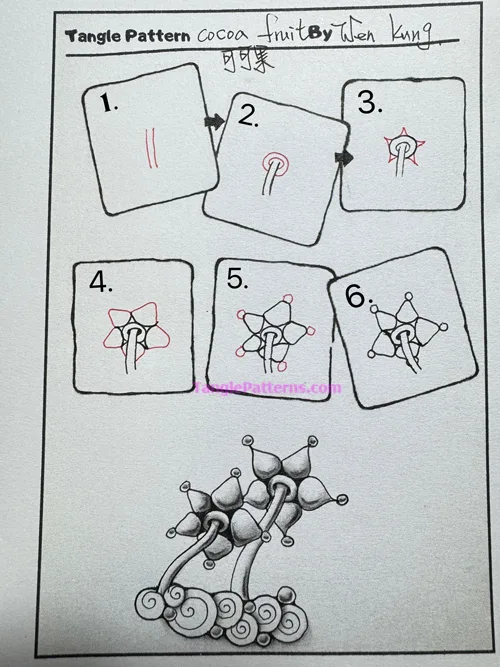 How to draw the Zentangle pattern Cocoa Fruit, tangle and deconstruction by Wen Kung. Image copyright the artist and used with permission, ALL RIGHTS RESERVED.