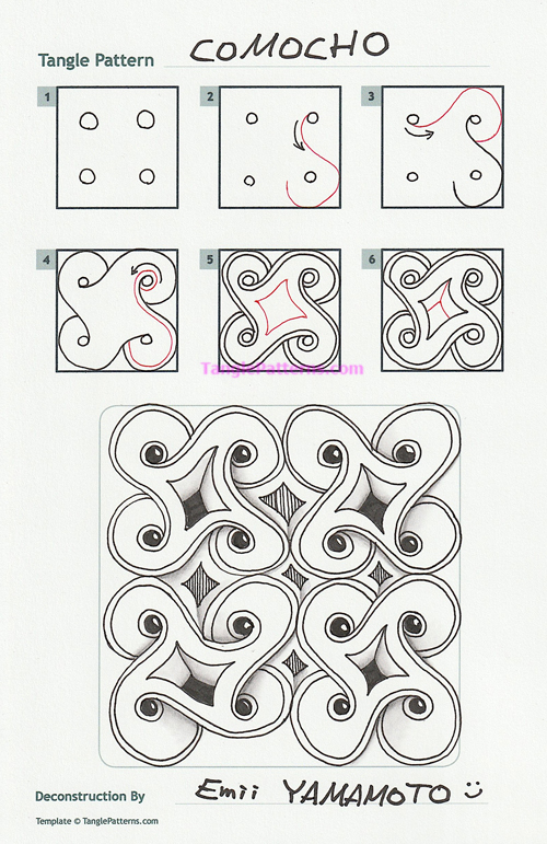 How to draw the Zentangle pattern Comocho, tangle and deconstruction by Emii Yamamoto. Image copyright the artist and used with permission, ALL RIGHTS RESERVED. How to draw the Zentangle pattern Comocho, tangle and deconstruction by Emii Yamamoto. Image copyright the artist and used with permission, ALL RIGHTS RESERVED.