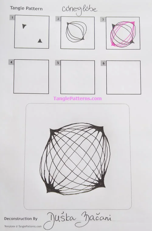 How to draw the Zentangle pattern Coneglobe, tangle and deconstruction by Duška Bacani. Image copyright the artist and used with permission, ALL RIGHTS RESERVED.