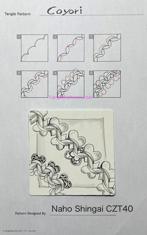 How to draw the Zentangle pattern Coyori, tangle and deconstruction by Naho Shingai. Image copyright the artist and used with permission, ALL RIGHTS RESERVED.