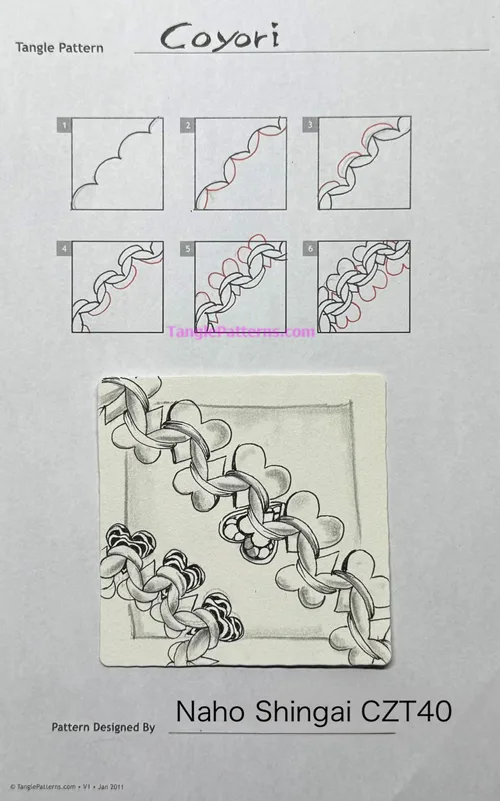 How to draw the Zentangle pattern Coyori, tangle and deconstruction by Naho Shingai. Image copyright the artist and used with permission, ALL RIGHTS RESERVED.