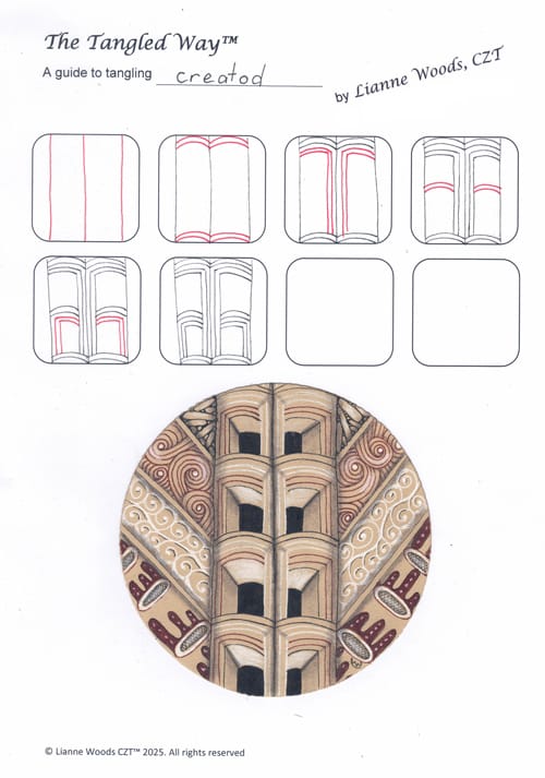 How to draw the Zentangle pattern Creatod, tangle and deconstruction by Lianne Woods. Image copyright the artist and used with permission, ALL RIGHTS RESERVED.