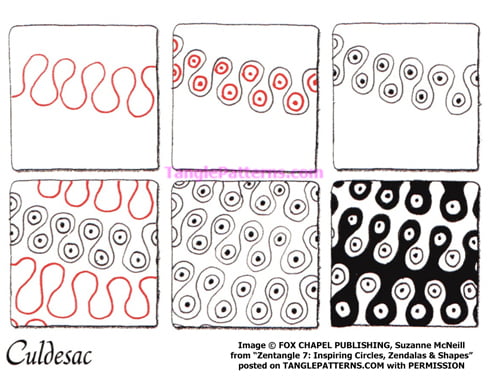 How to draw the Zentangle pattern Culdesac, tangle and deconstruction by Suzanne McNeill. Image copyright the artist and used with permission, ALL RIGHTS RESERVED.
