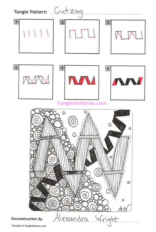 How to draw the Zentangle pattern Cutzag, tangle and deconstruction by Alexandra Wright. Image copyright the artist and used with permission, ALL RIGHTS RESERVED.