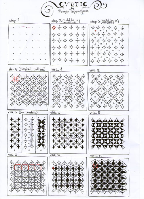 Steps for drawing Ksenija Vojisavljevic's CVETIC tangle pattern
