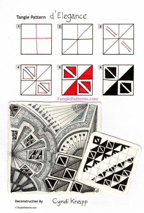 How to draw the Zentangle pattern d'Elegance, tangle and deconstruction by Cyndi Knapp. Image copyright the artist and used with permission, ALL RIGHTS RESERVED.