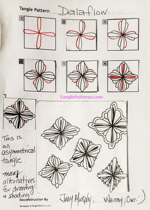 How to draw the Zentangle pattern Dalaflow, tangle and deconstruction by Judy Murphy. Image copyright the artist and used with permission, ALL RIGHTS RESERVED.