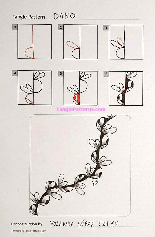 How to draw the Zentangle pattern Dano, tangle and deconstruction by Yolanda Lopez. Image copyright the artist and used with permission, ALL RIGHTS RESERVED.