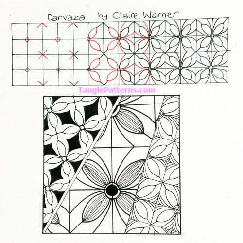 How to draw the Zentangle pattern Darvaza, tangle and deconstruction by Clarie Warner. Image copyright the artist and used with permission, ALL RIGHTS RESERVED.