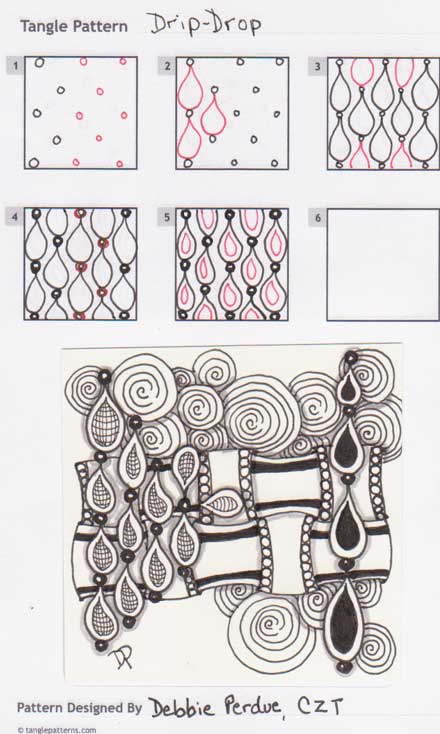 Steps for drawing CZT Debbie Purdue's tangle pattern: Drip-Drop