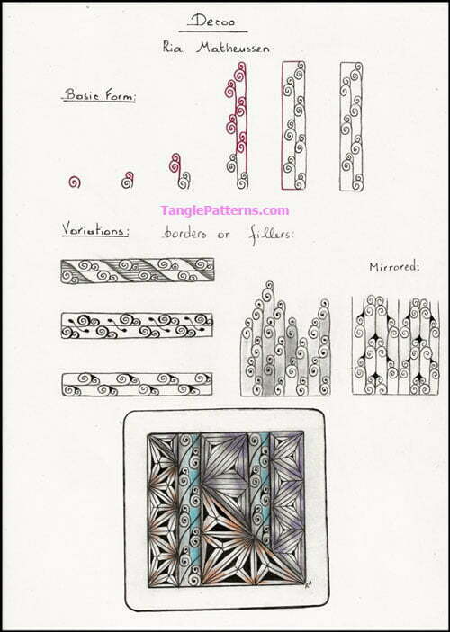 How to draw the Zentangle pattern Decoo, tangle and deconstruction by Ria Matheussen. Image copyright the artist and used with permission, ALL RIGHTS RESERVED.