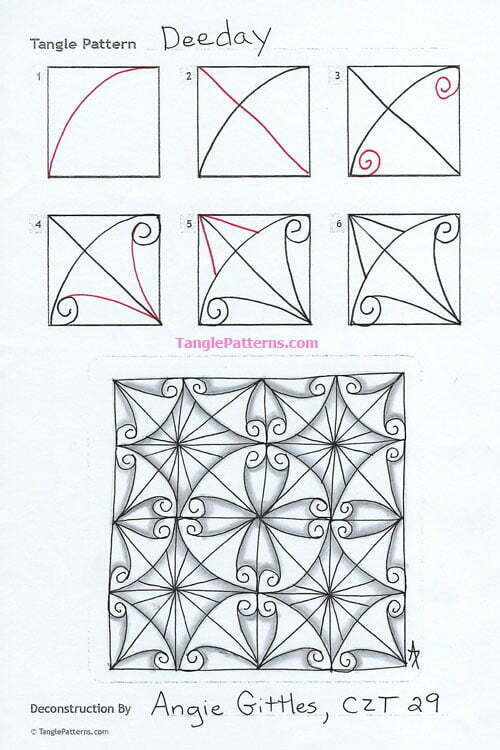 How to draw the tangle pattern Deeday, tangle and deconstruction by CZT Angie Gittles.