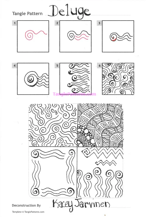 How to draw the Zentangle pattern Deluge, tangle and deconstruction by Kacey Jarvinen. Image copyright the artist and used with permission, ALL RIGHTS RESERVED. How to draw the Zentangle pattern Deluge, tangle and deconstruction by Kacey Jarvinen. Image copyright the artist and used with permission, ALL RIGHTS RESERVED.