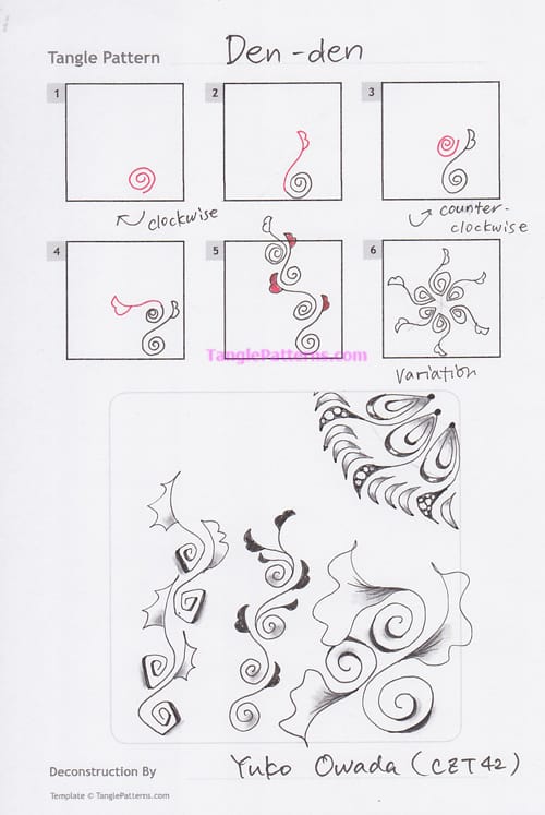 How to draw the Zentangle pattern Den-den, tangle and deconstruction by Yuko Owada. Image copyright the artist and used with permission, ALL RIGHTS RESERVED.